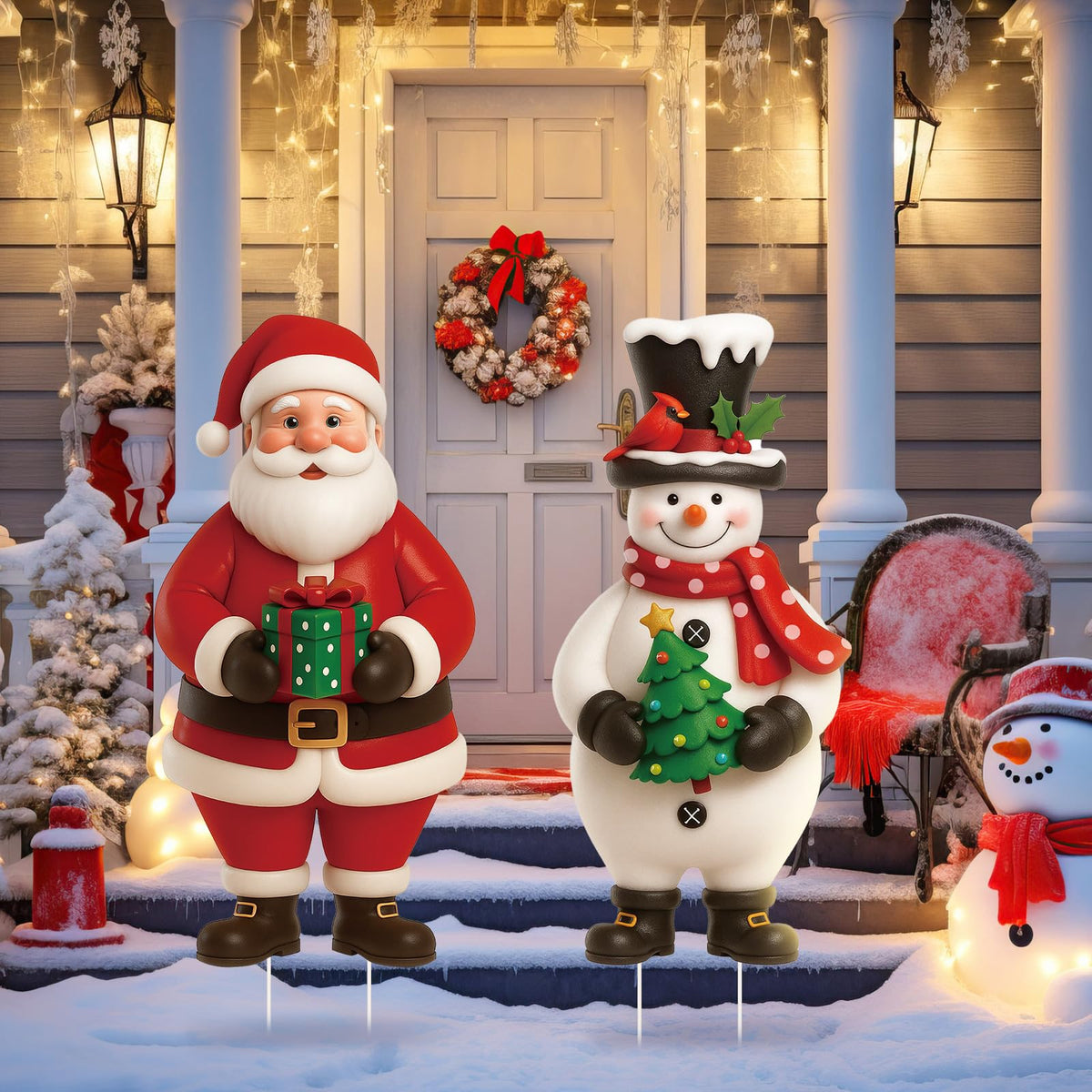 Nuanchu 2 Pcs Metal Christmas Yard Signs Decorative Santa Claus Snowman Yard Sign Stake 27.6 Inches Waterproof Xmas Garden Signs Christmas Outdoor Decorations for Outside Xmas Garden Holiday Party