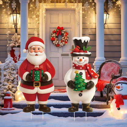 Nuanchu 2 Pcs Metal Christmas Yard Signs Decorative Santa Claus Snowman Yard Sign Stake 27.6 Inches Waterproof Xmas Garden Signs Christmas Outdoor Decorations for Outside Xmas Garden Holiday Party