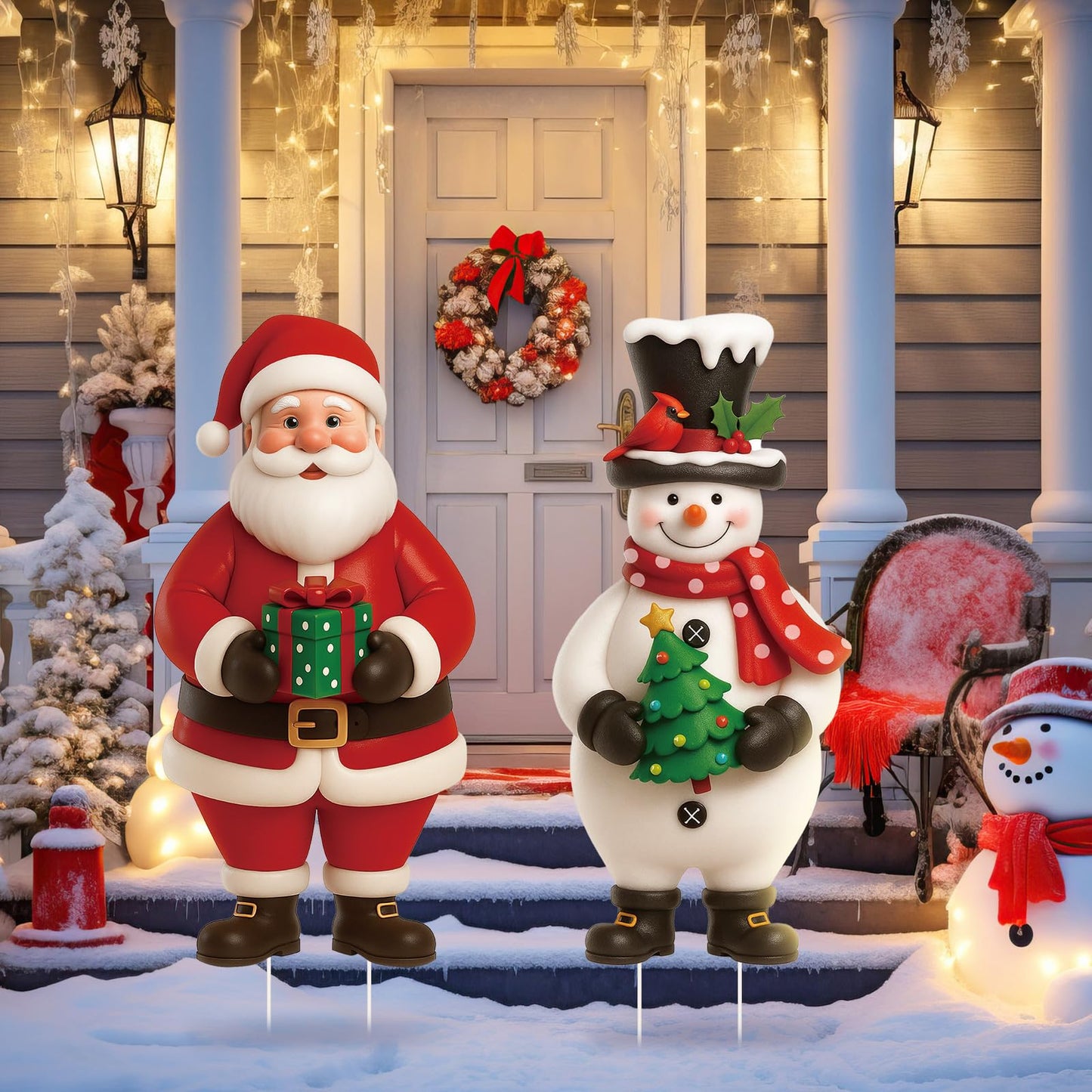 Nuanchu 2 Pcs Metal Christmas Yard Signs Decorative Santa Claus Snowman Yard Sign Stake 27.6 Inches Waterproof Xmas Garden Signs Christmas Outdoor Decorations for Outside Xmas Garden Holiday Party