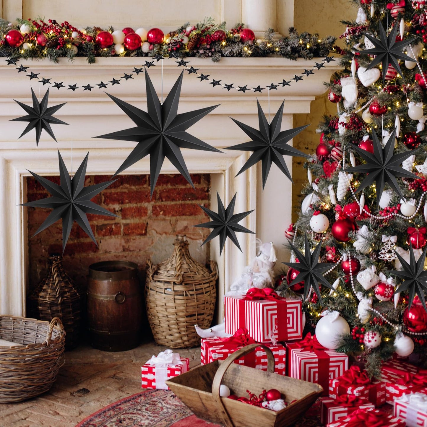 WNSIRVY 5 Pack 9-Pointed Large 3D Paper Star Lanterns with Glitter Star Garland Black Hanging Star Lanterns Lampshade for Halloween Christmas Themed Party Home Wedding Birthday Decorations (Black)