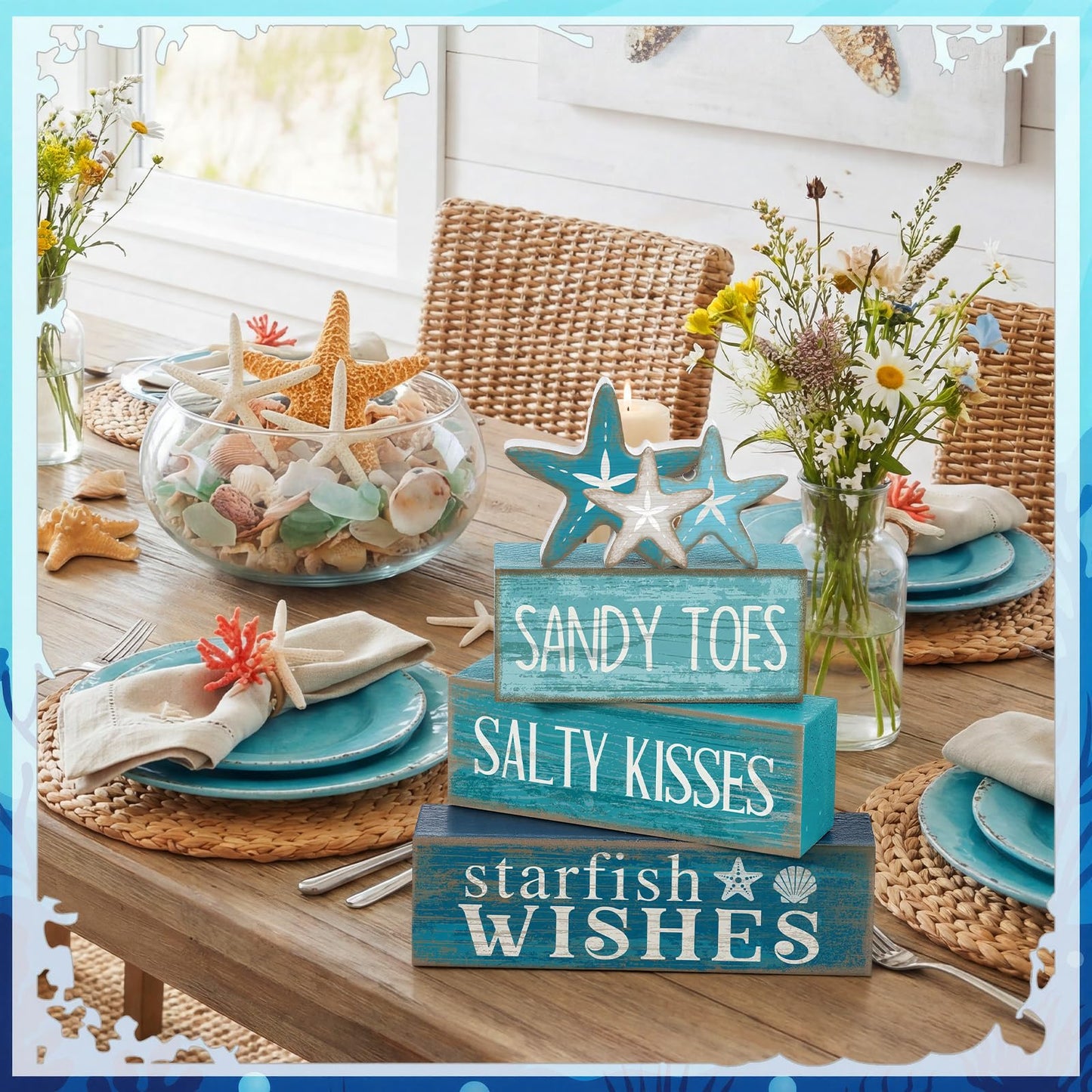 Yuntau 4 Pcs Summer Table Decorations Beach Tiered Tray Decor Starfish Coastal Rustic Wooden Block Sign Stacked Book Nautical Table Centerpiece for Farmhouse Home Living Room Office Desk Shelf Mantel