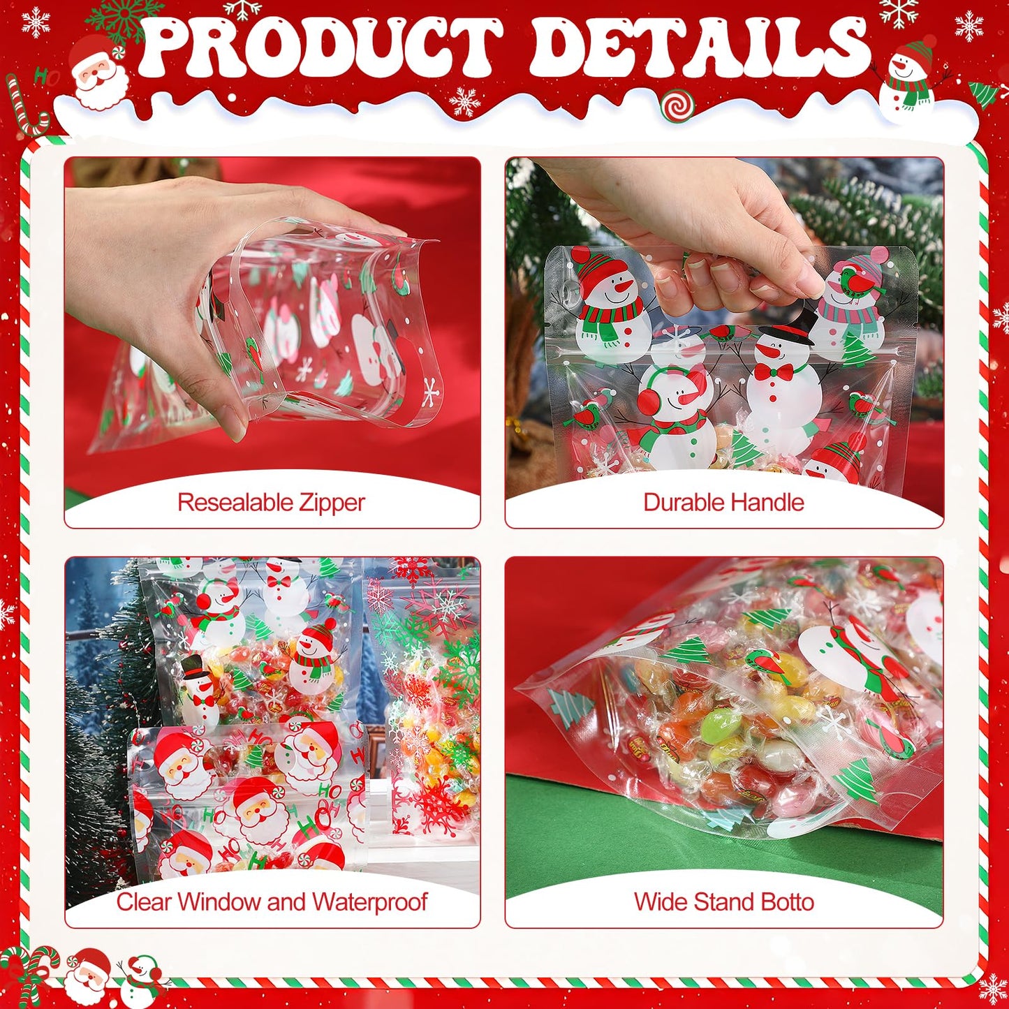 Pasimy 60 Pcs Christmas Bags with Zipper Sealing Candy Bags Bulk Resealable Xmas Treat Bag Christmas Sealing Bag with Handle Plastic for Xmas Winter Holiday Party Candy Small Gift Wrapping Supply