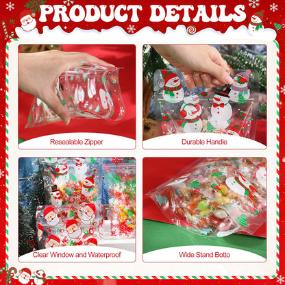 Pasimy 60 Pcs Christmas Bags with Zipper Sealing Candy Bags Bulk Resealable Xmas Treat Bag Christmas Sealing Bag with Handle Plastic for Xmas Winter Holiday Party Candy Small Gift Wrapping Supply