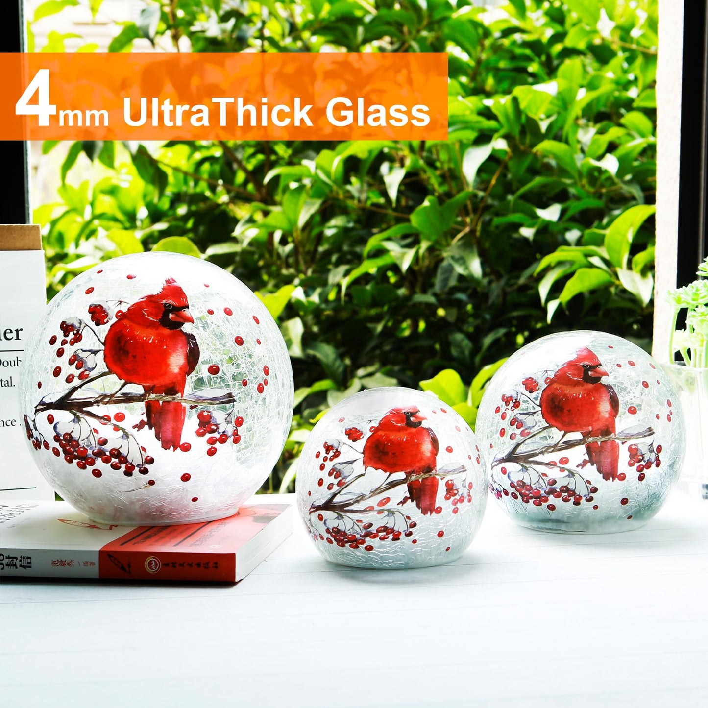Crackle Glass Ball Cardinal Lamp, Light Up Red Bird Stained Glass Christmas Decor Accent Lamp, Lighted Globe Glass Table Lamp, Orb Cardinal Night Light, Mother's Day Gifts, Led Sphere Desk Lamp