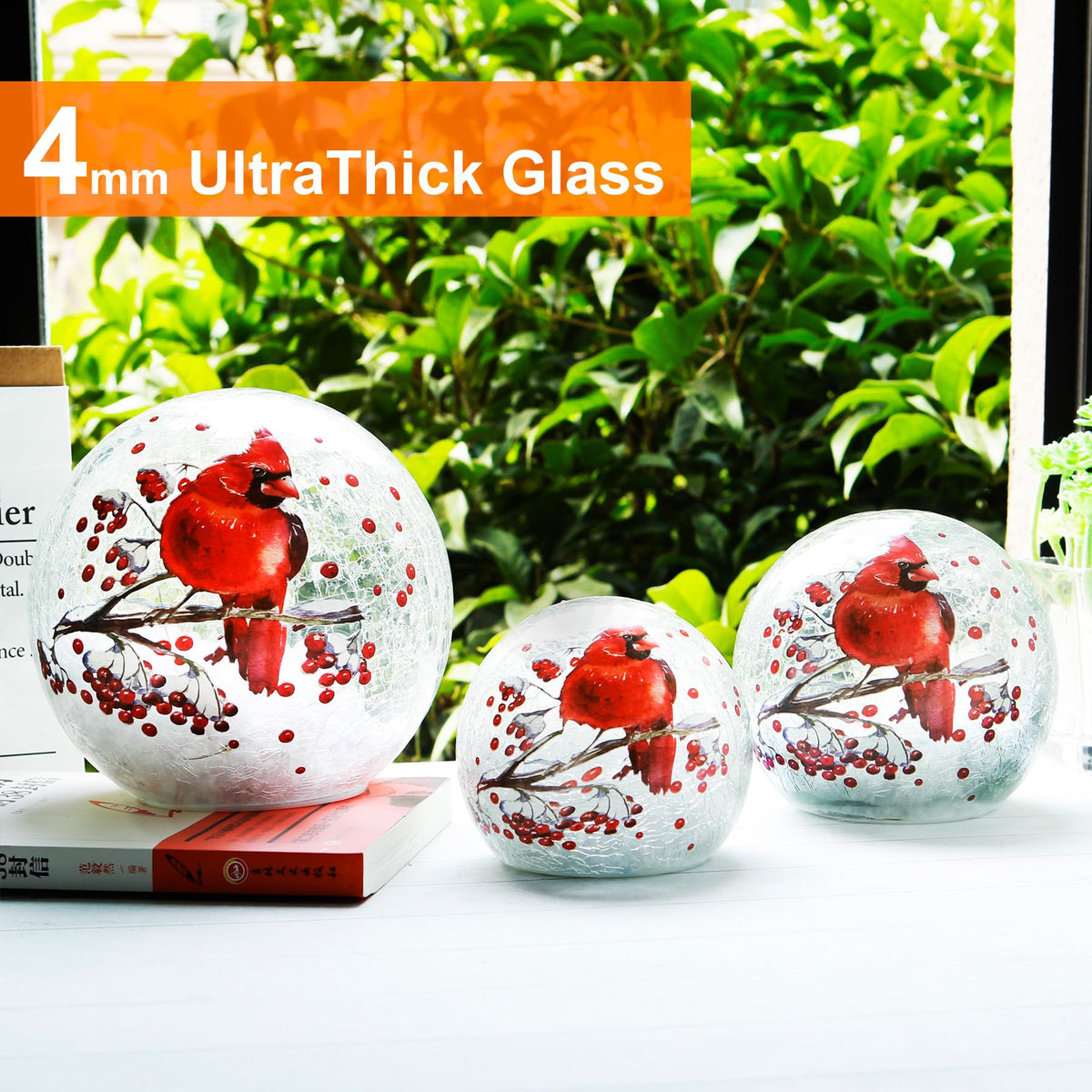 Crackle Glass Ball Cardinal Light Up Red Bird Stained Glass Christmas Decor Accent Lamp, Lighted Globe Table Orb Night Light, Mother's Day Gifts, LED Sphere Desk
