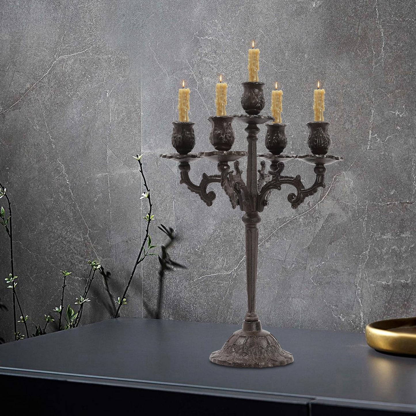 5-Arm Candle Holder, Vintage Candle Holder Set with Scroll Arms, Aged Iron Candelabra with 5-Inch Base, Romantic Table Centerpiece for Wedding, Birthdays, Anniversaries, Christmas, Valentine's Day
