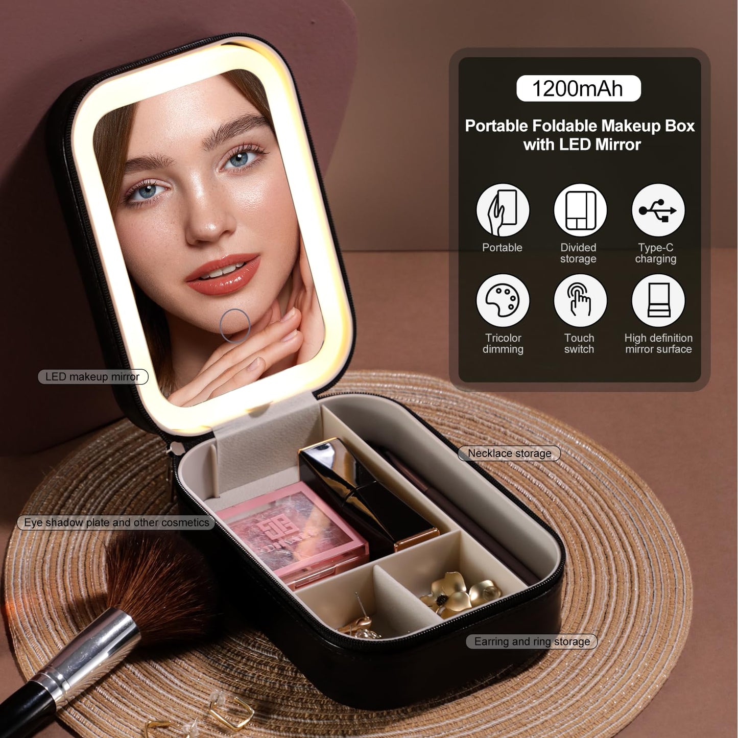 BS-MALL Travel Cosmetic Mirror Case LED Makeup Mirror Storage Case for Eyelash station Brushes Cosmetic Tools Pink On-the-go Makeup Needs (White)