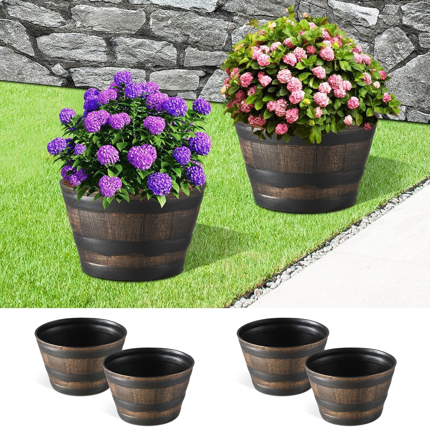 YI 4 Pack Whiskey Barrel Garden Planters 13” Rustic Oak Resin Planter for Indoor & Outdoor Plant Flower Pot