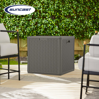 Suncast 60 Gallon Outdoor Weather Resistant Hard Plastic Storage Cube Deck Box Bin with Handles and Lid for Patio, Garden, or Shed, Stoney