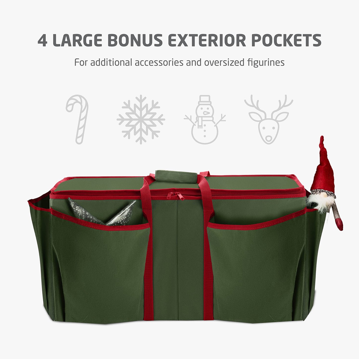 ZOBER Large Christmas Ornament Storage Box - Stores 80 3" Ornaments, With Dividers - With Large Compartment for Figurines, and Accessories, Durable Christmas Containers Holder, 4 Extra Pockets - Green