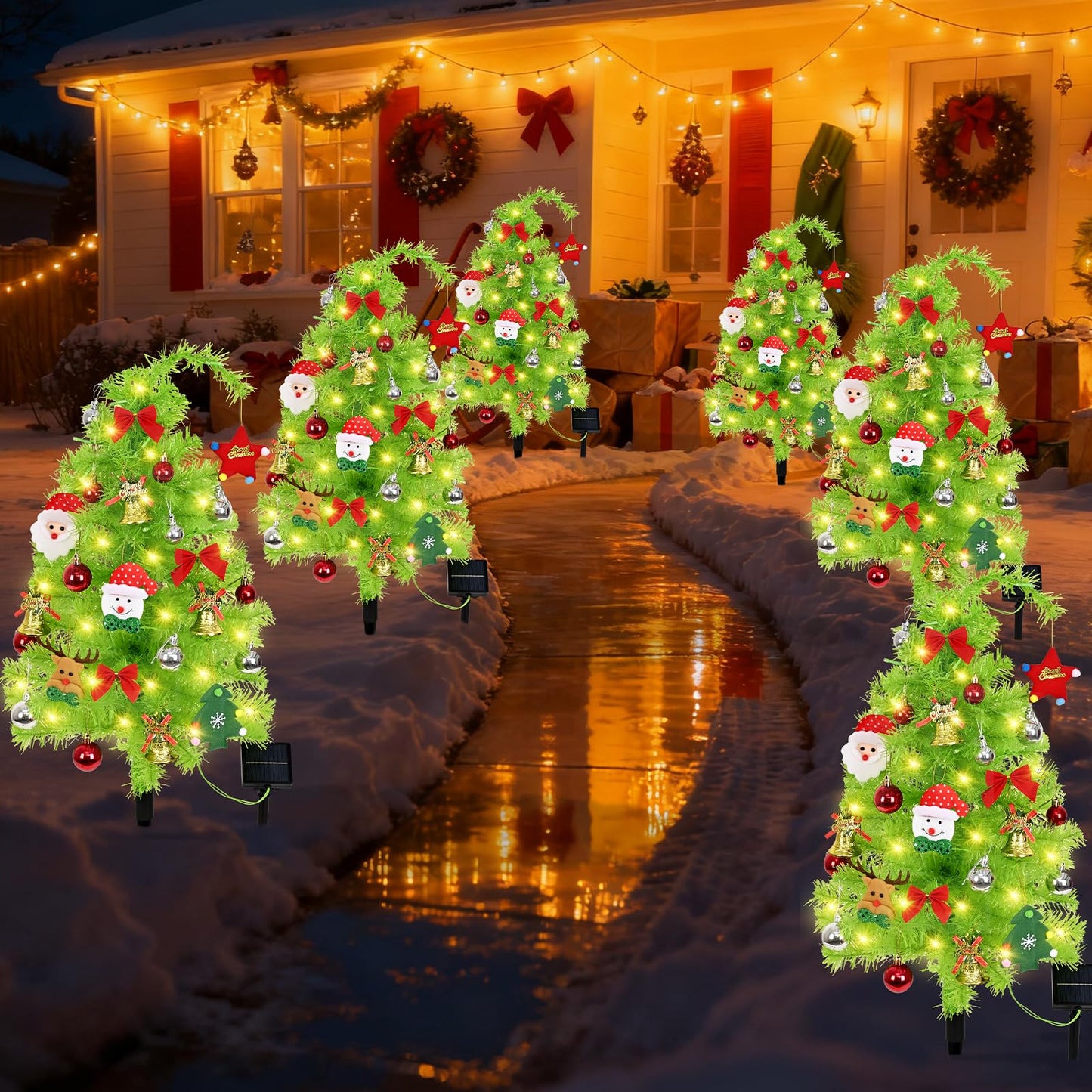 2 Pack Solar Christmas Tree, 31.5" Outdoor Whimsical Christmas Tree, Bendable Xmas Trees with LED Light & Ornaments, Waterproof Solar Christmas Lights for Yard, Pathway, Outdoor Christmas Decor