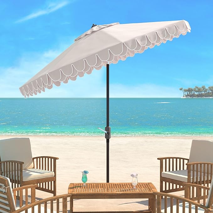 SAFAVIEH 9ft Outdoor Patio Umbrella, Round, Valance, Beige & White Trim, Auto Crank Tilt, UV Resistant for Deck, Backyard, Poolside (PAT8006C)
