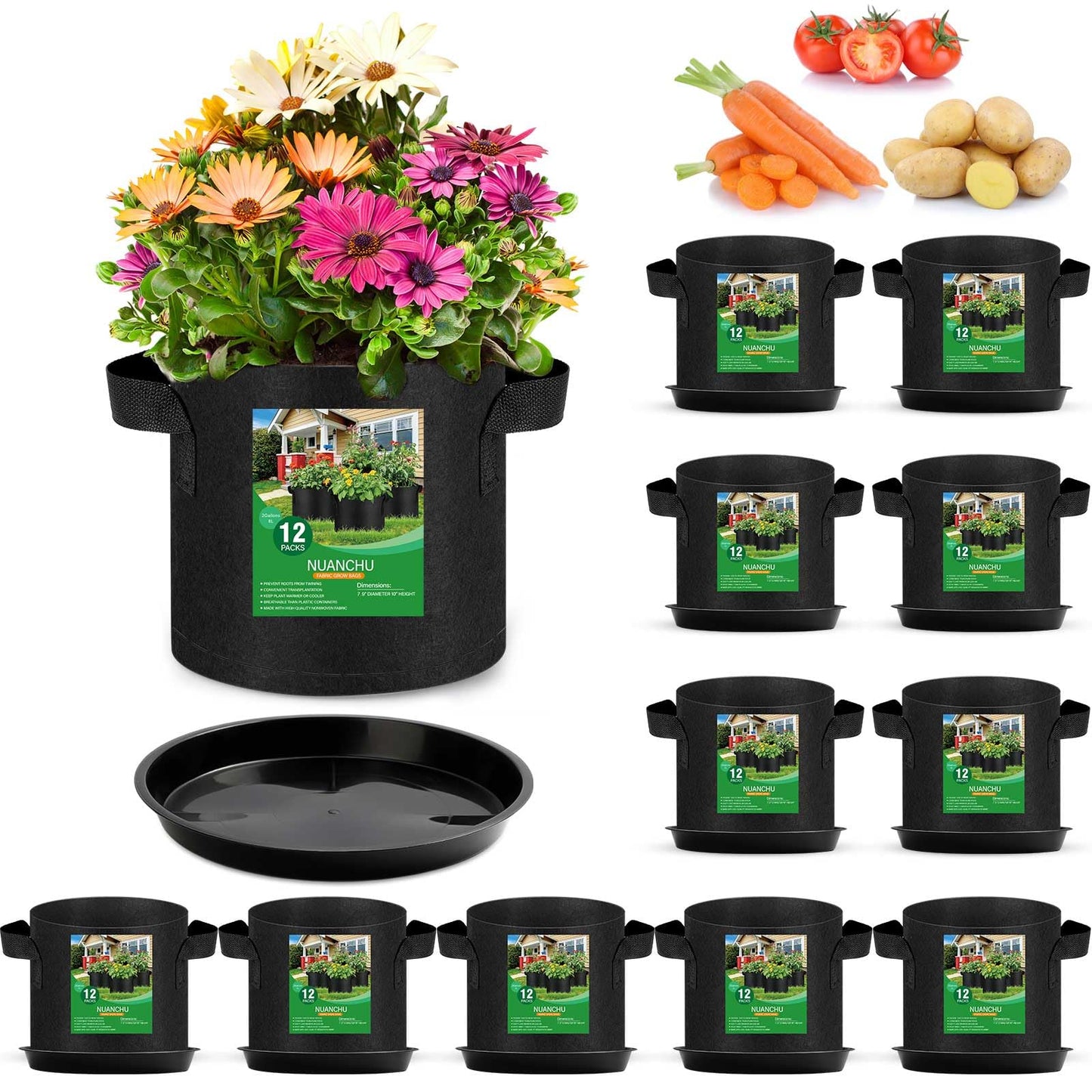 Funnymoom 12 Sets 2 Gallon Grow Bags with Plant Saucers, Durable Fabric Plant Pots with Handles, Aeration Drainage Planter Bags for Planter, Reusable Garden Bags Drip Trays Set for Indoor Outdoor