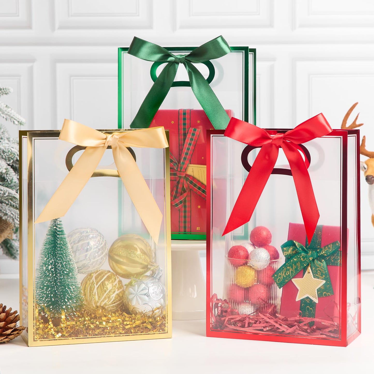 Ohuimrt Christmas Clear Plastic Gift Bags, 12 Pack, 10", Red Green Gold