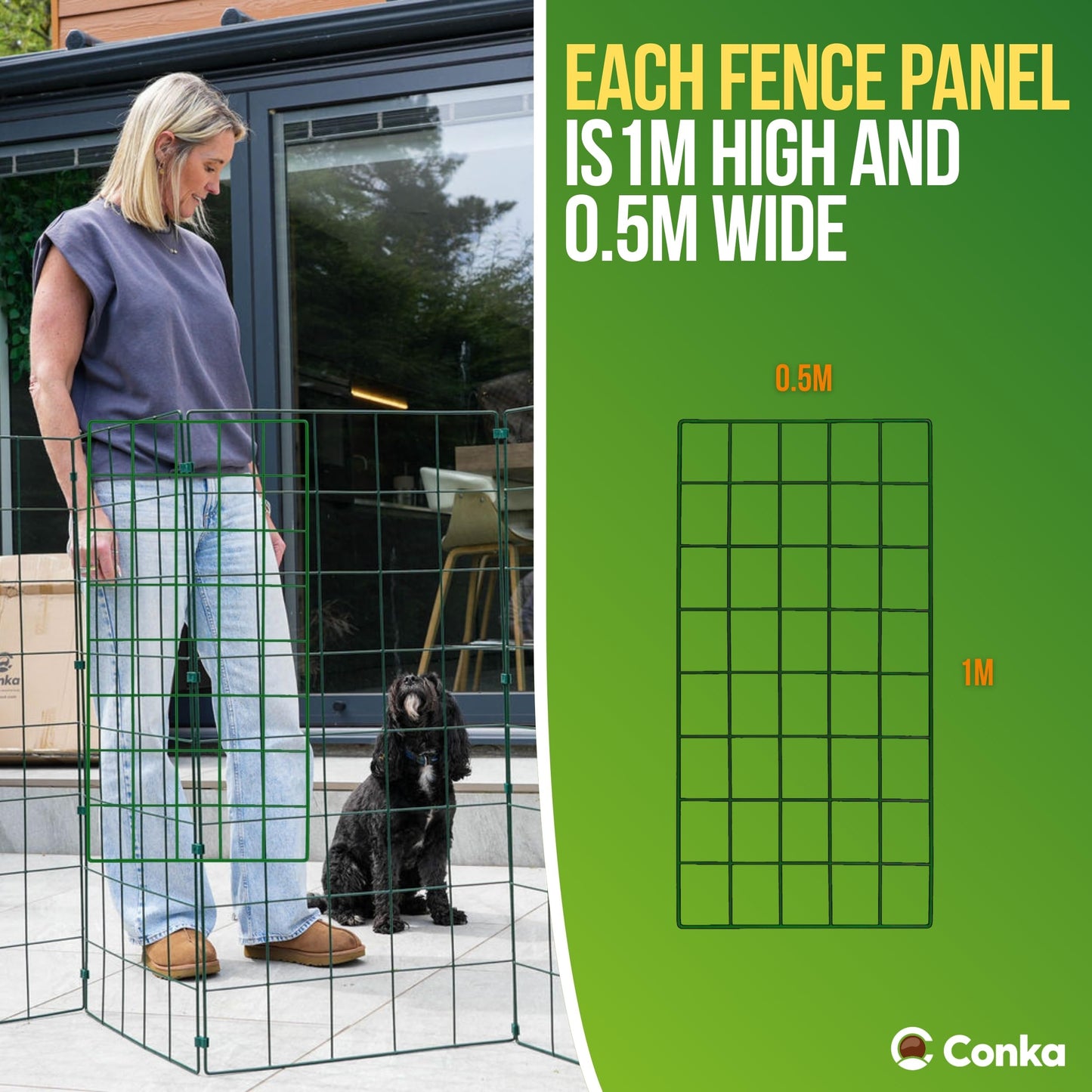 Conka Pets – Outdoor Dog Fence – Wire Garden Barrier for Medium and Large Dogs – 1 Metre High – 10cmx12cm Mesh Stops Dogs from Jumping - Portable, Lightweight and Foldable - Covers 10ft/3 Metre Gap
