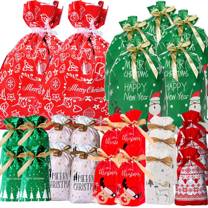 Happy Storm Christmas Drawstring Gift Bags 30PCS Assorted Styles Christmas Drawstring Wrapping Goody Sweet Treat Candy Bags for Xmas Birthday Party Supplies Favors