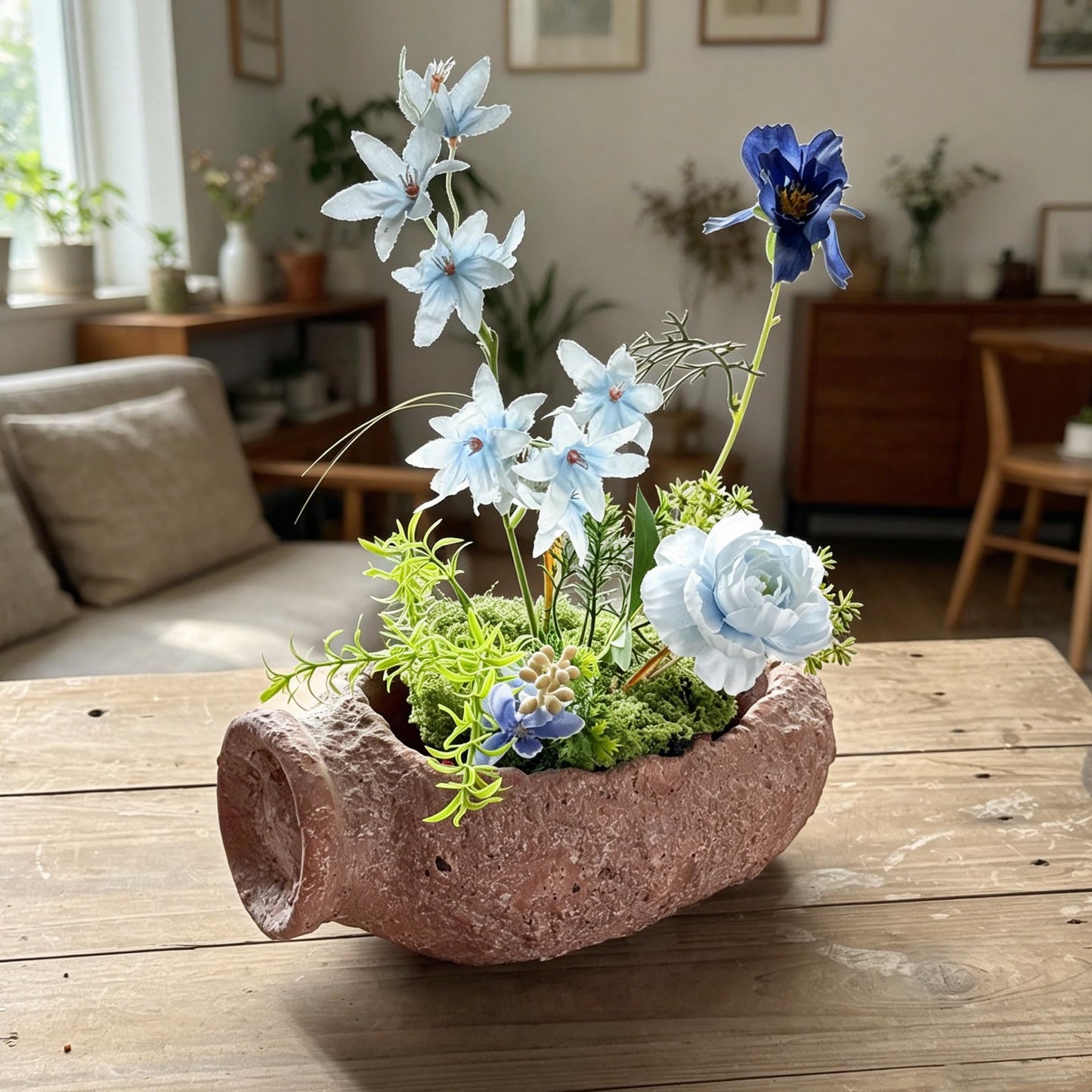 YUSNLAB Handmade Shallow Succulent Planter - 10 Inch Concrete Pot with Aged Stone Texture for Cactus, Aloe, Small Plants, Indoor/Outdoor Home Decor