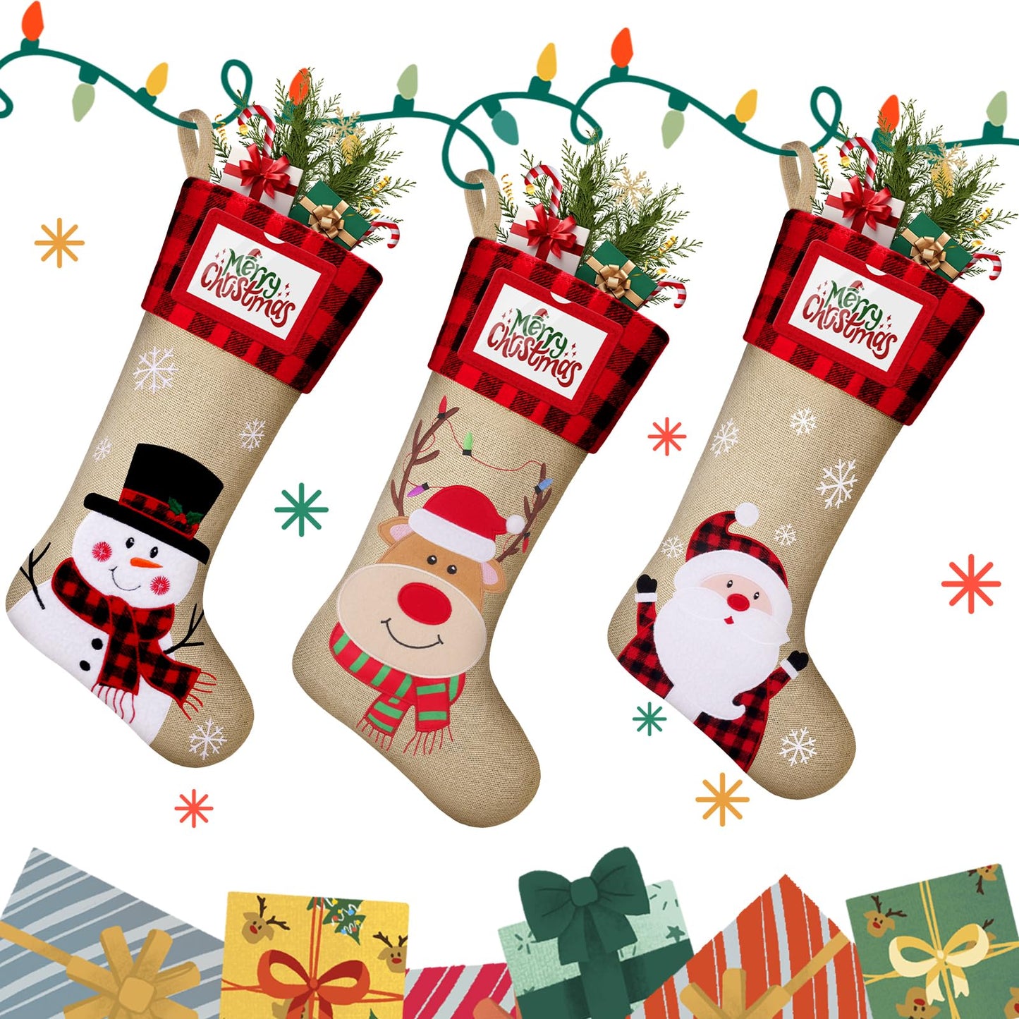DeckTheHalls Christmas Stockings, 3 PCS Personalized Christmas Stocking, 19” Large Holiday & Family Stocking for Christmas Tree Decoration | Fireplace Party Decoration