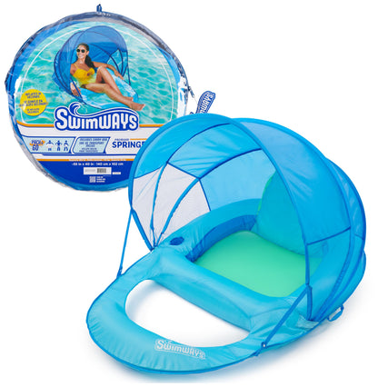 SwimWays Spring Float Premium Recliner Pool Lounge Chair with Adjustable Canopy and Hyper-Flate Valve, Blue