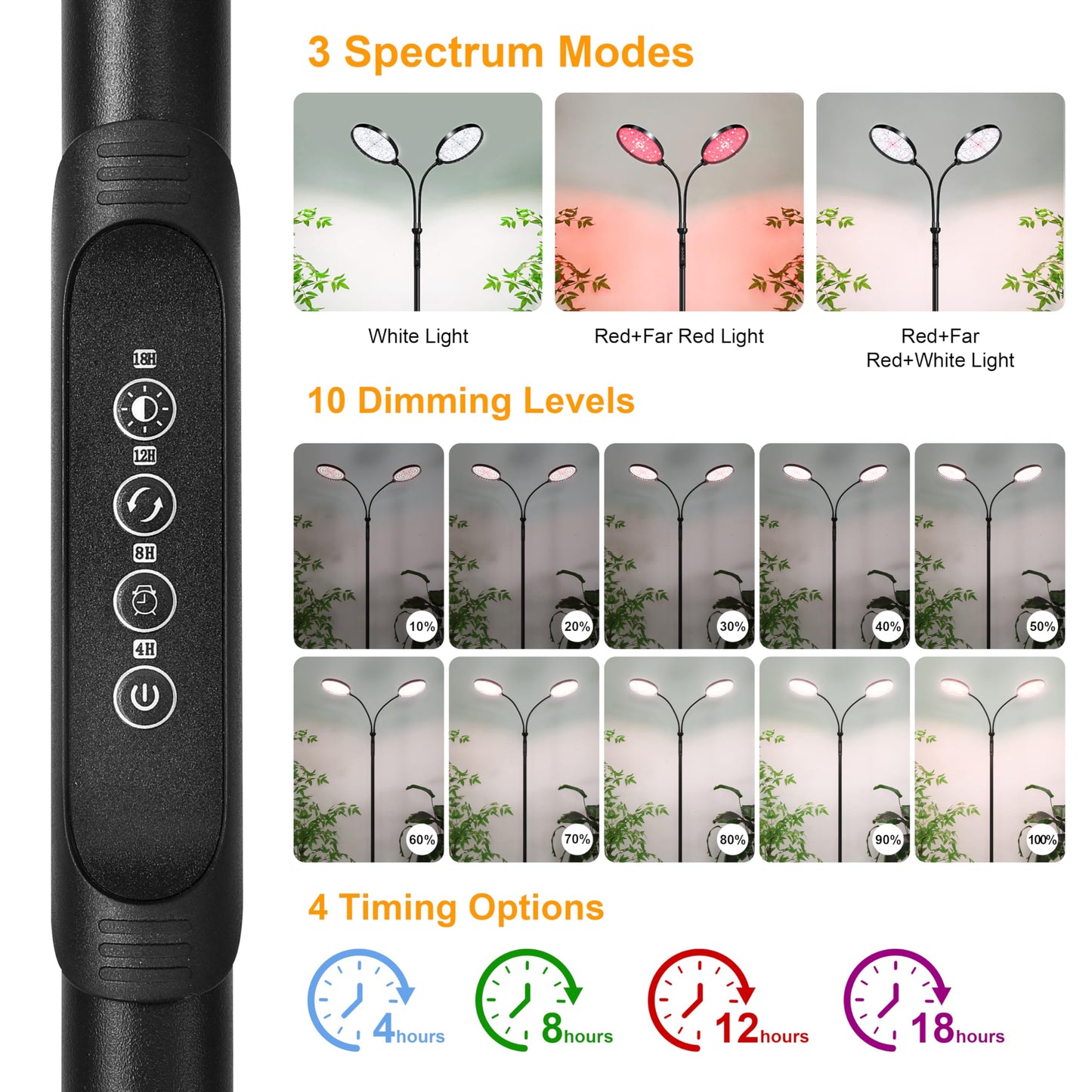 Plant Light for Indoor Plants, Red &White Light Full Spectrum Grow Lamp with Height Adjustable and Stand for Growing Large Tall Plants, Floor LED Grow Lamp with 4/8/12/18 Hour Timer &10 Dimming