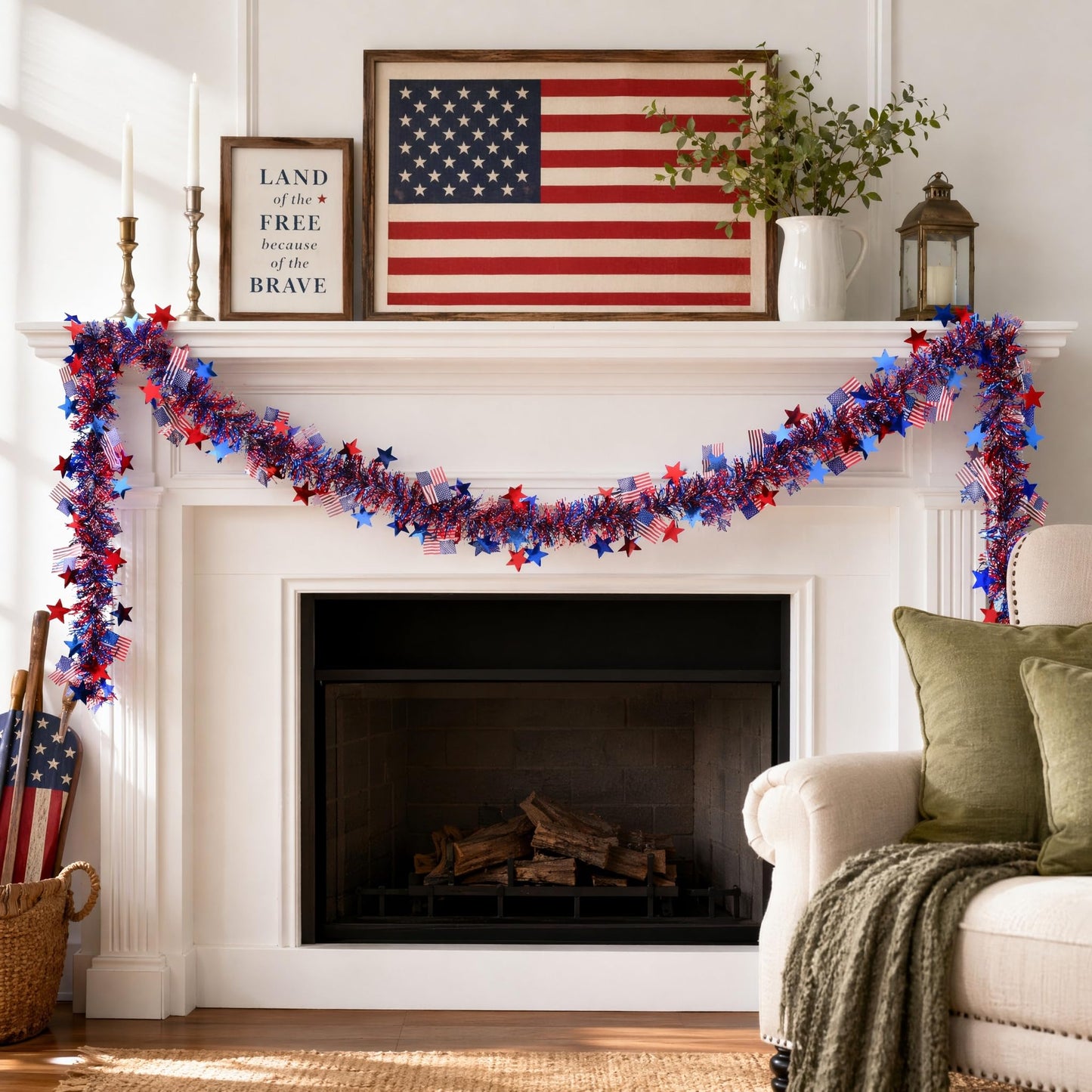 LKBBC 4th of July Tinsel Garland, 52.5 Ft Patriotic Red, White, and Blue Sparkly Glitter Star Flags Metallic Garlands Home Garden Tree Decorations for Independence &Memorial Day