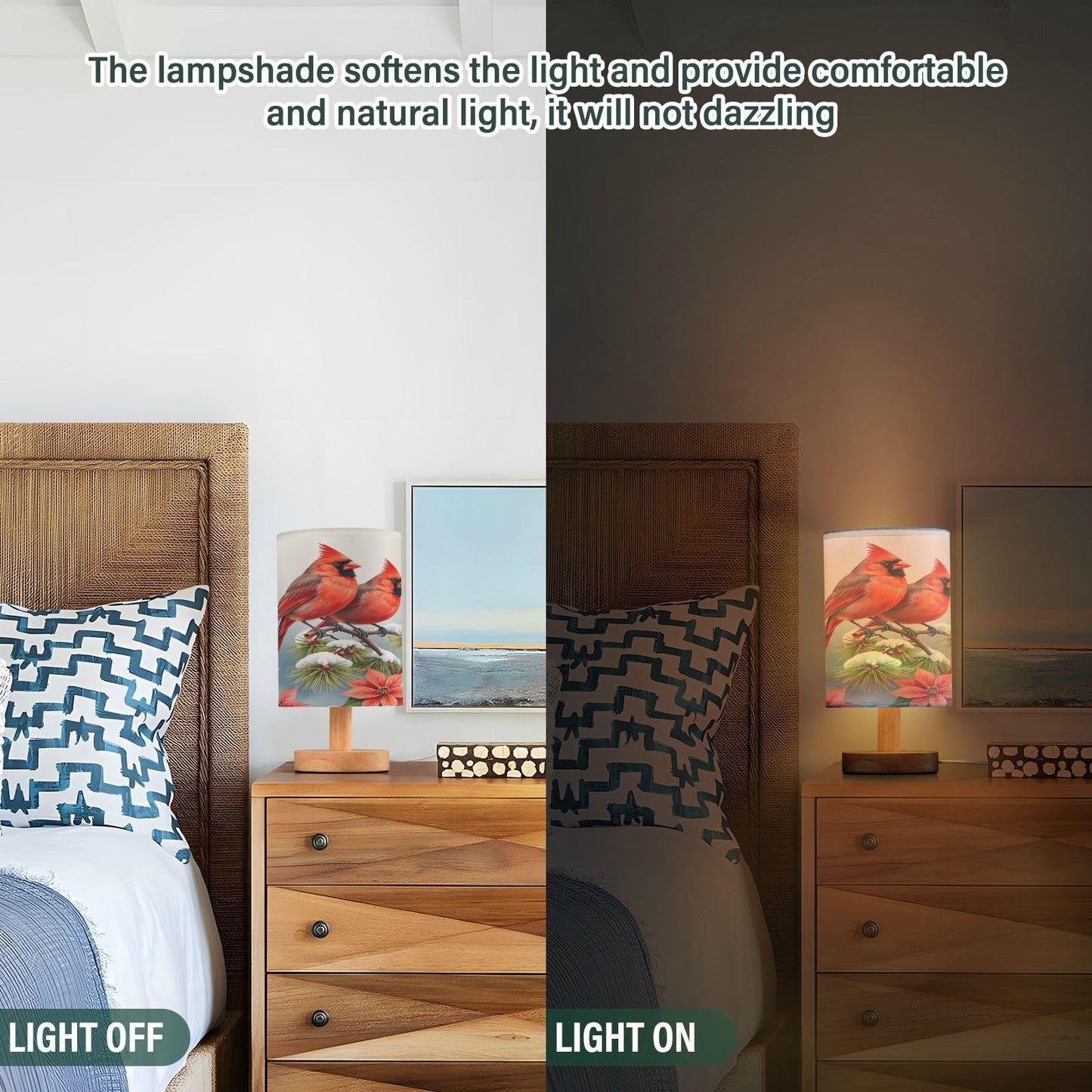 Christmas Flowers Winter Cardinals Table Lamp Bedroom Bedside Night Reading Desk Lamps Cylinder Nightstand Sleeping Light Lamp for Xmas Party Living Room Office Decor