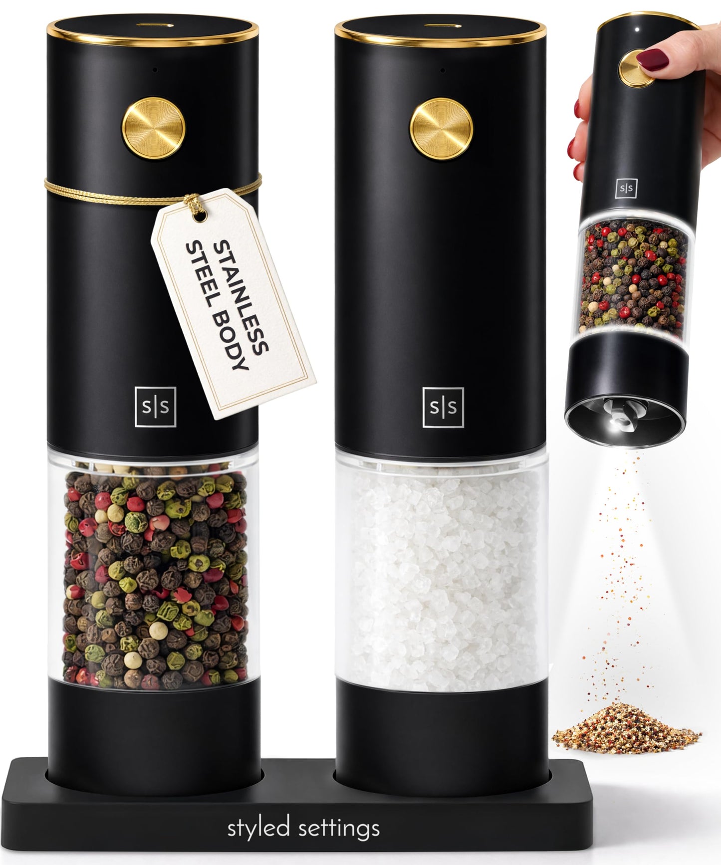 Electric Salt and Pepper Grinder Set Rechargeable – Black and Gold Salt and Pepper Shakers with USB-C Charging, Adjustable Grind, LED Light, One Touch Control, Stainless Steel Body