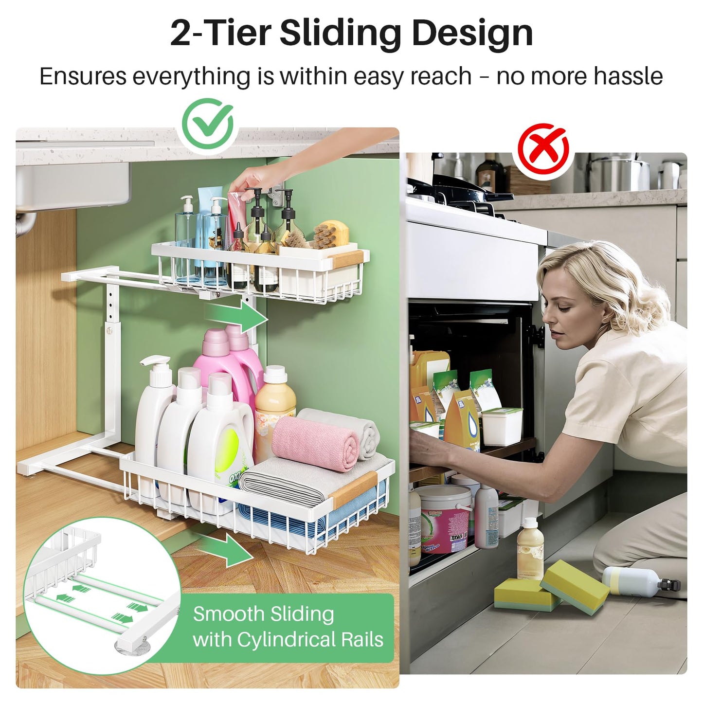 Under Sink Organizer, 2 Packs 2 Tier Under Sink Organizers and Storage, Slide out Pull out Cabinet Organizer Shelf, Metal Sliding Drawer for Kitchen Bathroom Pantry Cabinet Closet Organization Rack