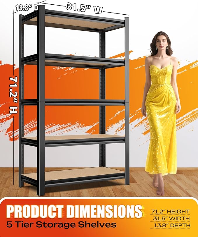 AOAORRG Set of 4 Garage Shelving Heavy Duty Storage Shelves, Metal Adjustable Shelving Unit, Utility Garage Organizer Shelf for Basement, Pantry, Kitchen, Warehouse, 31.5"W x 13.8"D x 71.2"H, Black