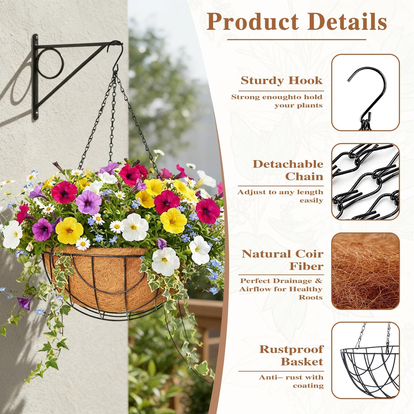 4 Pack Hanging Planter for Outdoor Plants 14 inch Metal Hanging Flower Basket with Coco Coir Liner Round Wire Plant Holder Chain Flower Pots Outdoor Garden Decoration Watering Hanging Baskets（DQ）