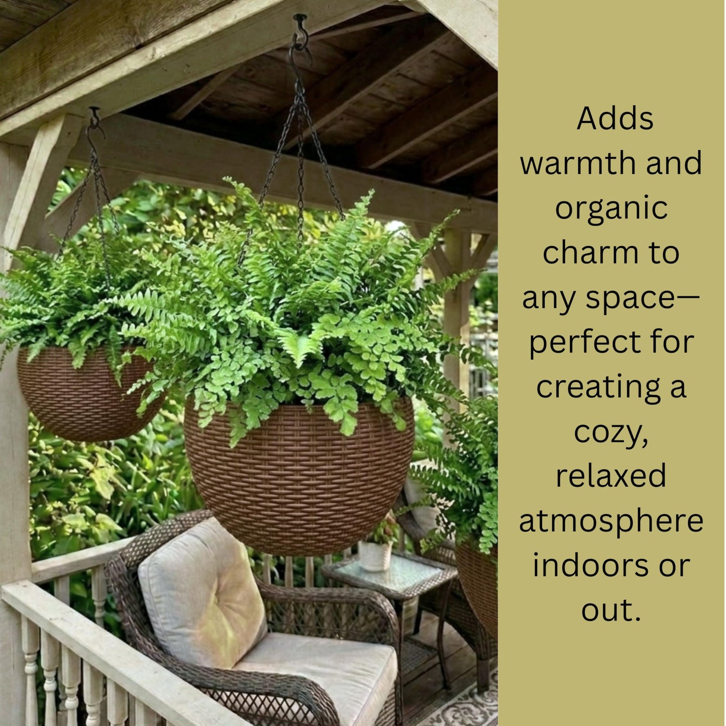 LaLaGreen Hanging Planters for Indoor Plants (11 Inch, 3 Pack) Brown Rattan Style Self-Watering Flower Pots with Water Level Indicator, Plastic Baskets with Metal Chain for Balcony, Porch Garden Decor