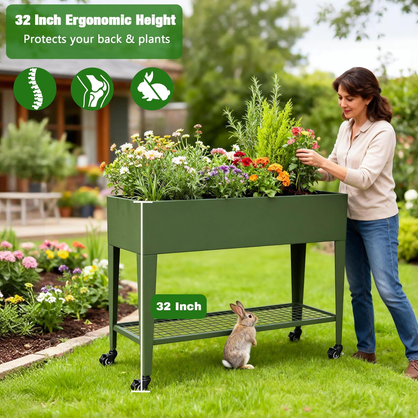 TISUWING Foldable Raised Garden Bed with Wheels, 38 x 14 x 32 Inch Galvanized Steel Elevated Planter with Storage Shelves, Rolling Outdoor Planter Box for Herbs, Vegetables & Flowers, Green