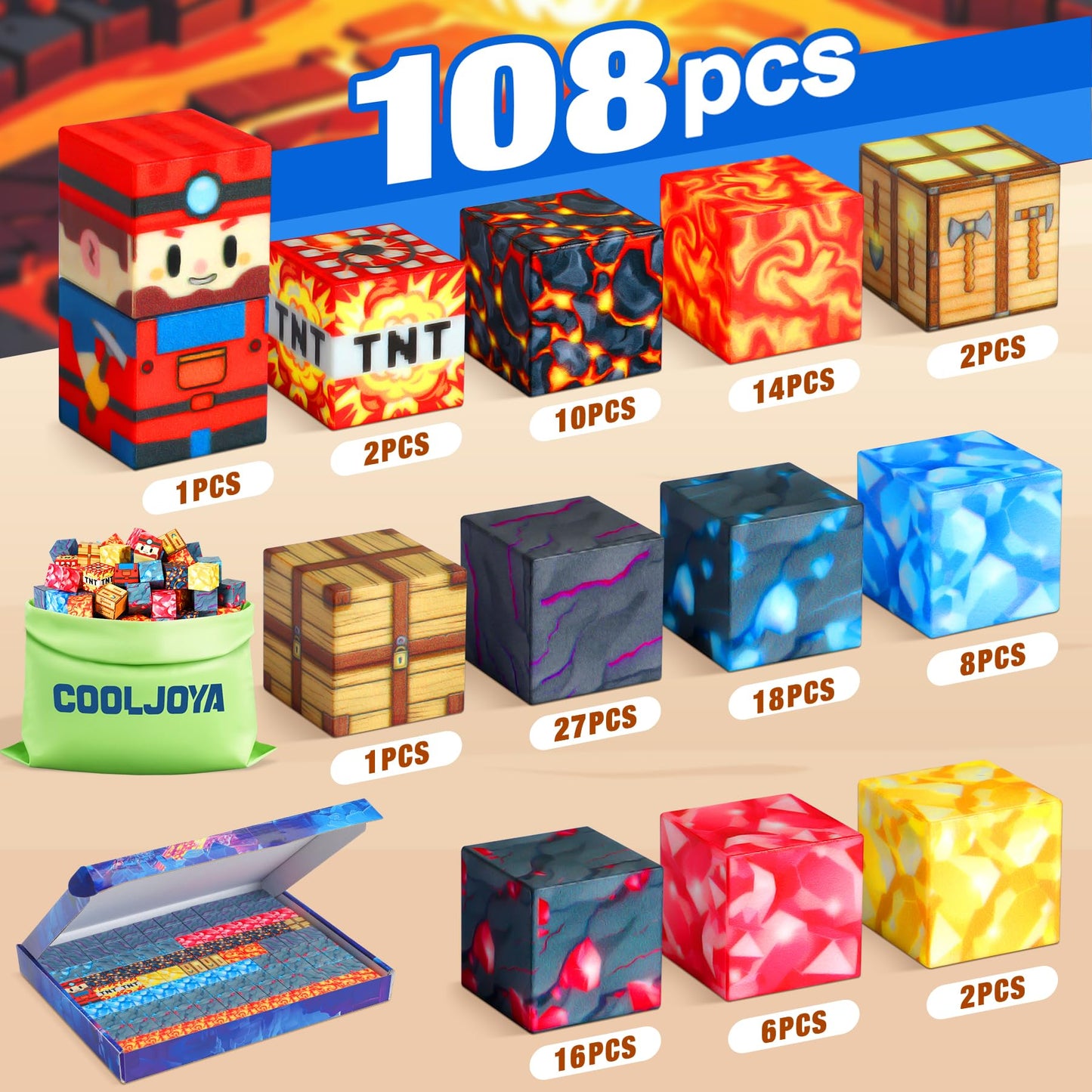 COOLJOYA Magnetic Blocks, 108PCS Magnetic Building Blocks for Kids Boys Girls Aged 3 4 5 6 7 8 Years Old, Montessori STEM Toys for Toddlers Kids, Stacking Construction Toys Sword Lava