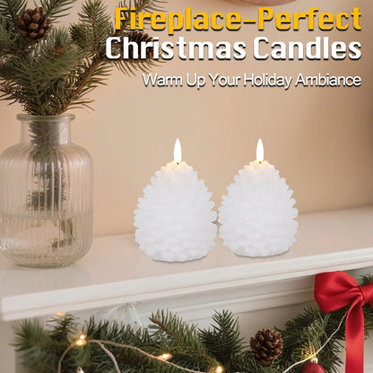 Christmas Flameless Pine Cone Candles with Remote Timer, Battery Operated Flickering Candles, LED Real Wax Pinecone for Christmas Home Decoration, Set of 2, White with Glass Bead Powder (5.5" X 4.1")