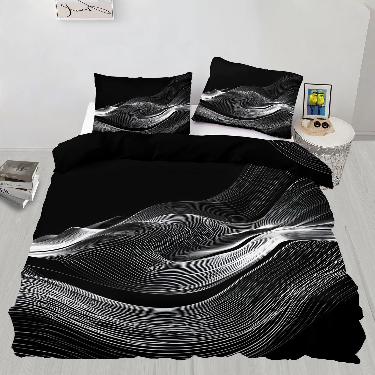 ZAOMIR Black White Duvet Cover Queen Size, Psychedelic White Wavy Stripes Bedding Set 3 Piece, Modern Abstract Geometric Line Patterned Comforter Cover with Zipper Soft Microfiber, 2 Pillowcases