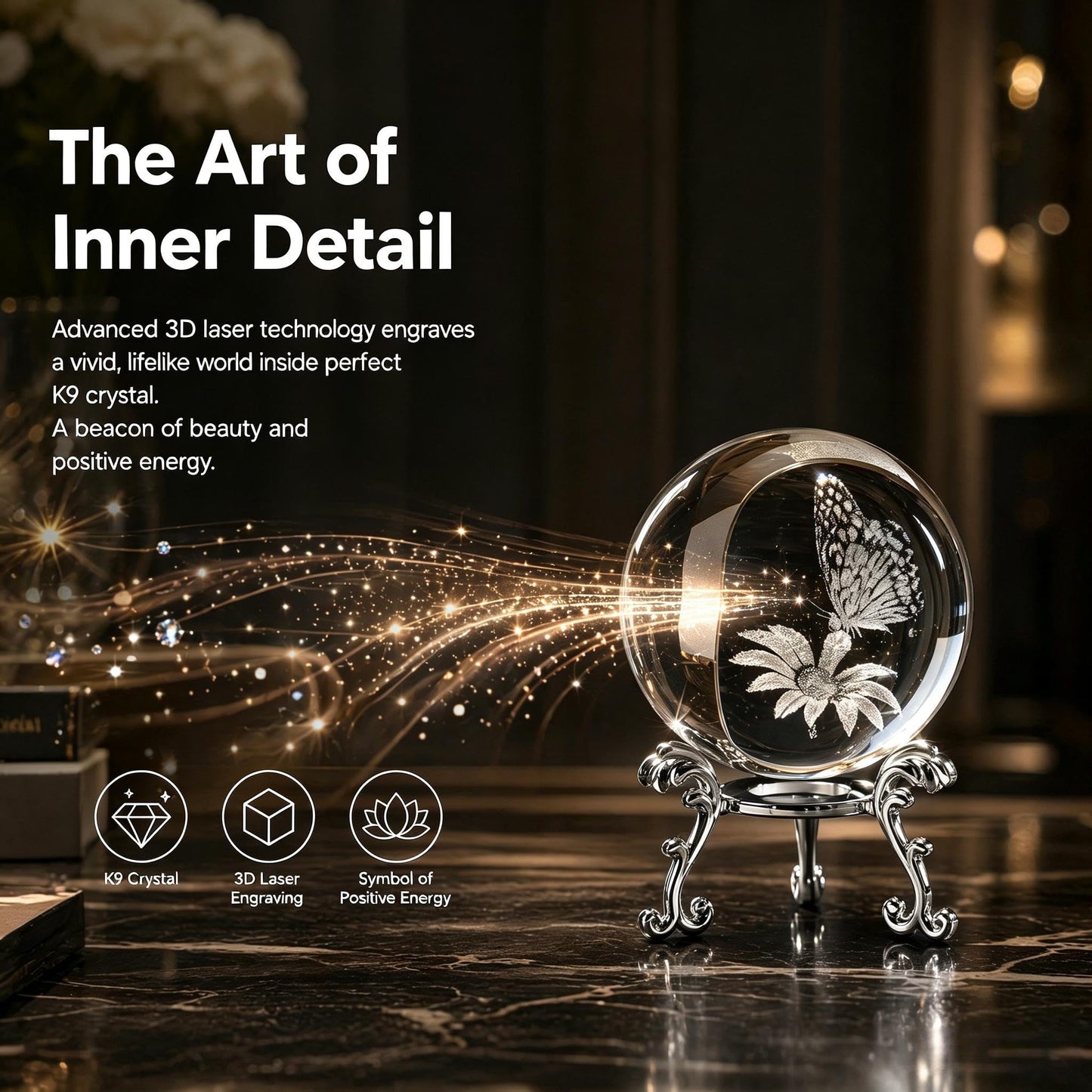 vskikris 3D Laser Engraved Crystal Ball Set, 60mm K9 Clear Crystal Sphere with Butterfly & Flower Design + Blank Ball, with Gold Stand, for Home Decor, Feng Shui, Unique Gift for Women