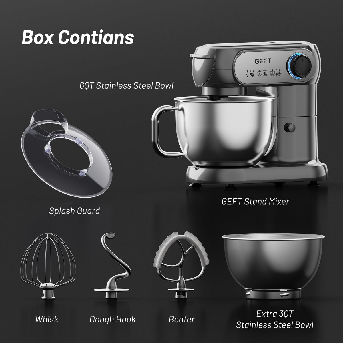 GEFT Stand Mixer, 3.5QT+6QT Two Bowls Kitchen Electric Mixer, 600W 6+P speed Tilt-Head Food Mixer with Stainless Steel Bowl, Dishwasher-Safe Dough Hook, Flat Beater, Wire Whisk, Splash Guard, Grey