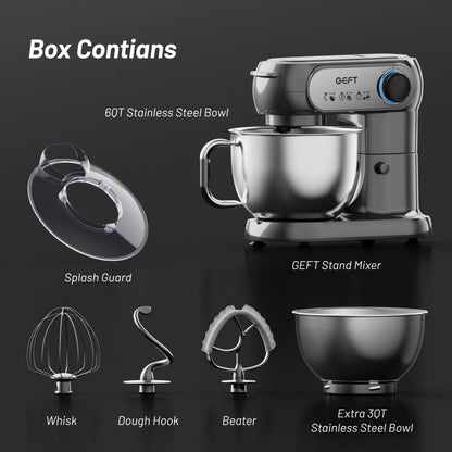 GEFT Stand Mixer, 3.5QT+6QT Two Bowls Kitchen Electric Mixer, 600W 6+P speed Tilt-Head Food Mixer with Stainless Steel Bowl, Dishwasher-Safe Dough Hook, Flat Beater, Wire Whisk, Splash Guard, Grey