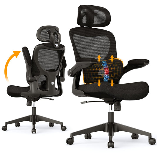 SUNNOW Ergonomic Office Chair, Comfy Mesh Desk Chair, High Back Computer Gaming Chairs with Adjustable Lumbar Support, Flip-Up Arms, Headrest, Tilt Function, Wide Cushion, Swivel Wheel, BIFMA Quality