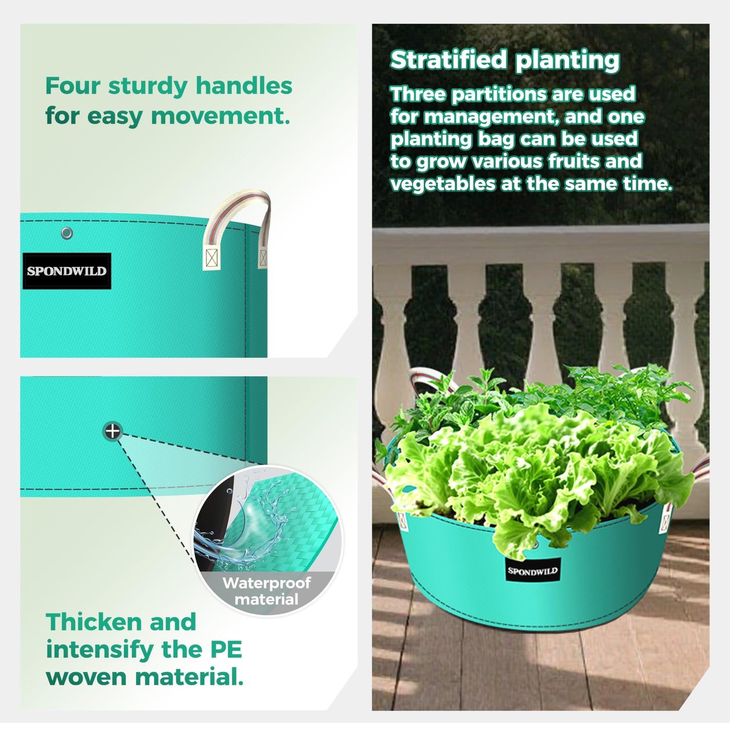 SPONDWILD [Upgraded] 2 Pack 15 Gallon 3 Compartment Potato Grow Bag,Vegetable Growing BagThickened PE Garden Pots with Drainage Holes Branch-Binding Holes, Reusable Plant Bag for Vegetables、Flowers