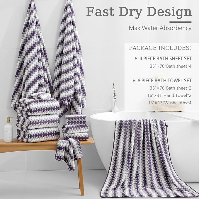 8 Piece Bathroom Towel Set |2 Oversized Bath Towels, 2 Hand Towels, 4