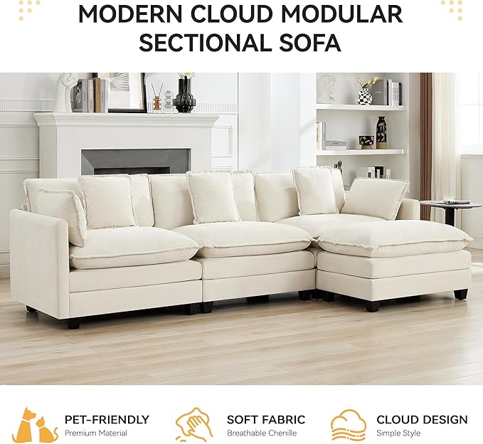 111'' Sectional Cloud Deep Seat Couch, Modern Comfy Chenille L Shaped Sectional