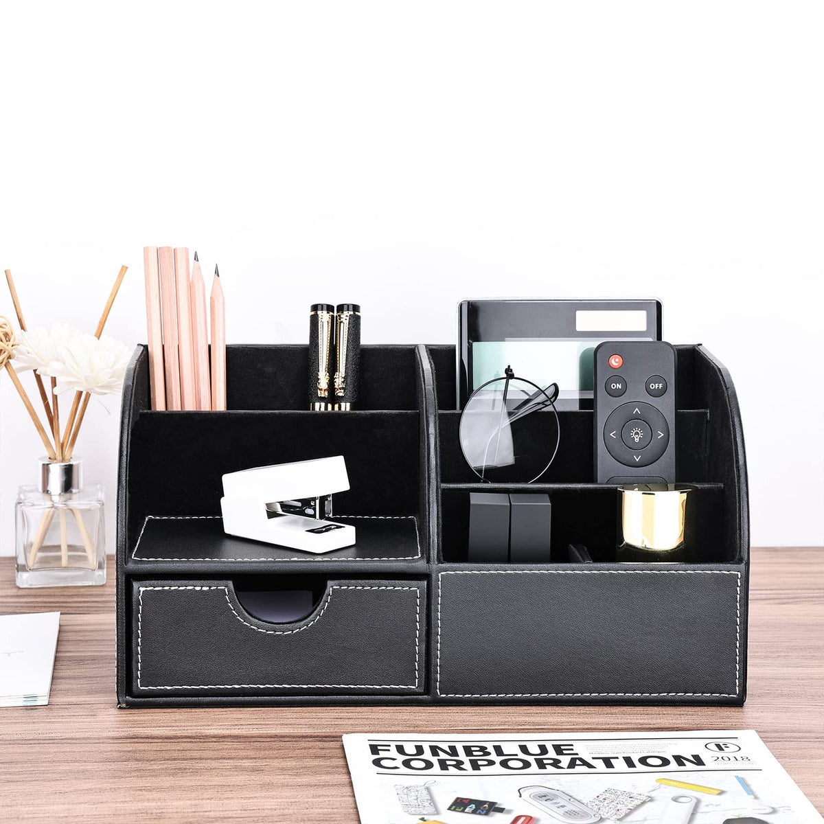 KINGFOM Pu Leather Desk Organizer Pen Pencil Holder Office Supplies Caddy Storage Box 6 Compartments with Drawer Black