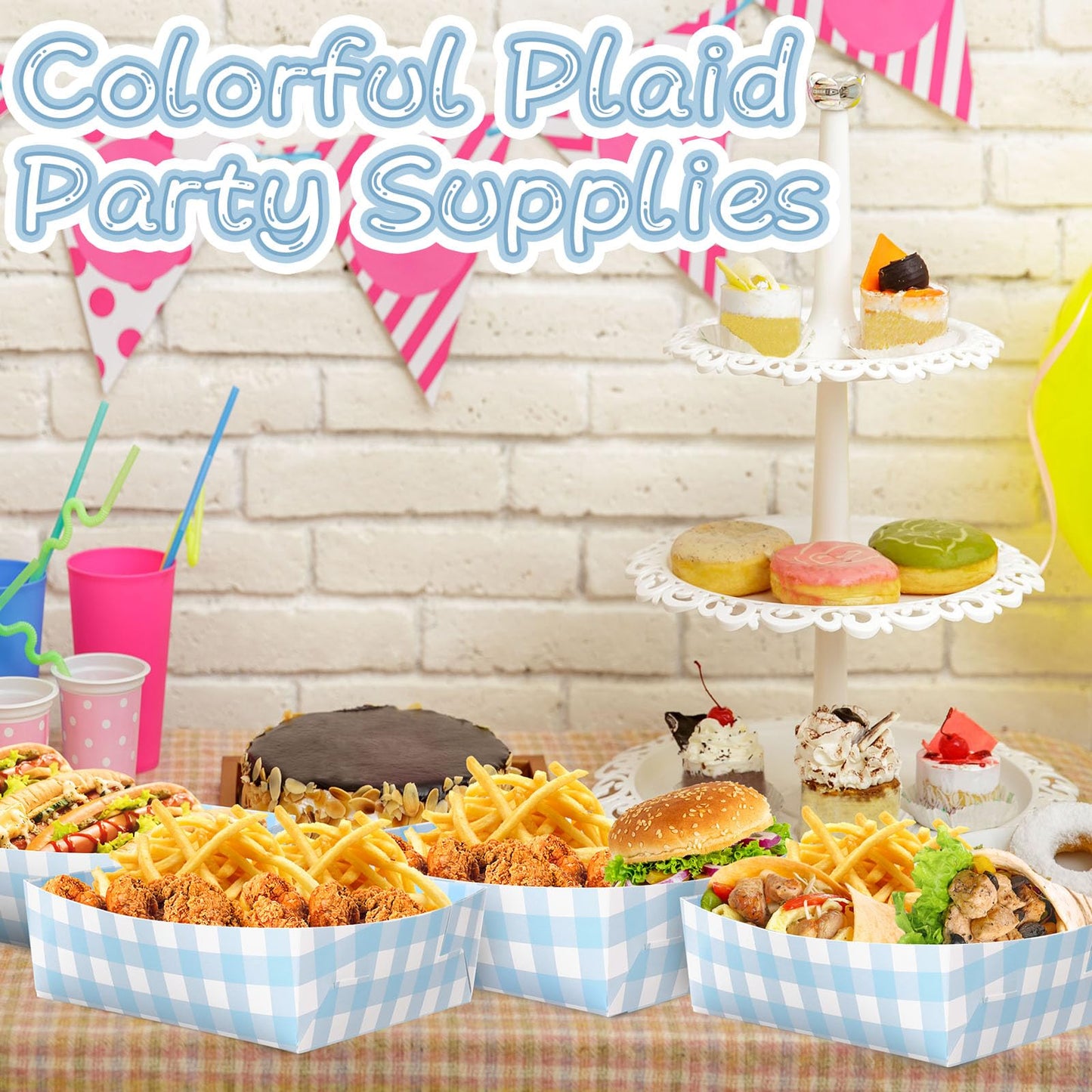 Suclain 48 Pack Light Blue and White Gingham Paper Trays 5 lb Grease Resistant Large Snack Serving Trays Disposable Food Boats for Christmas Party Baby Shower Supplies