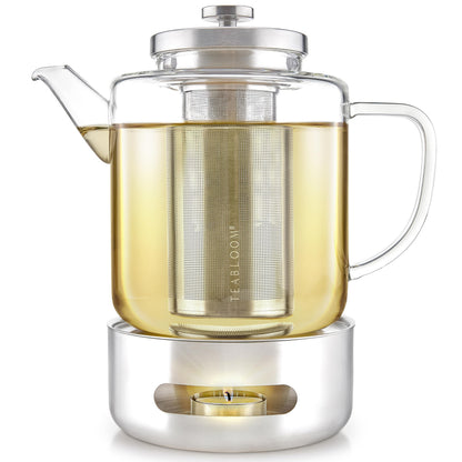 Teabloom Joyful Warmth Teapot with Tea Warmer – 50 oz (6+ Cups) Hand-Blown Borosilicate Glass, Stainless Steel Loose-Leaf Infuser, Heat-Resistant Kettle, Elegant Gift Set for Tea Lovers