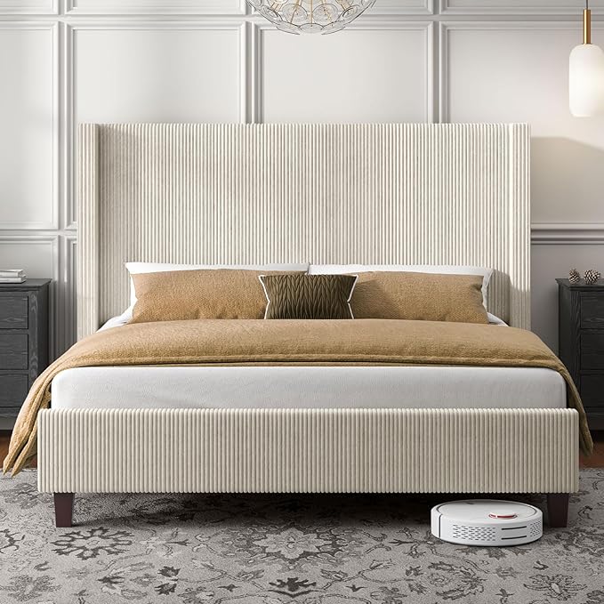HOWE King Size Bed Frame with 50.8" Tall Wingback Headboard, Modern Corduroy