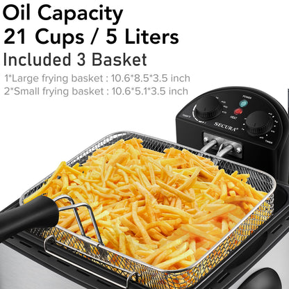 Secura 1700-Watt Stainless-Steel Triple Basket Electric Deep Fryer with Timer Free Extra Odor Filter, 4L/17-Cup, Red