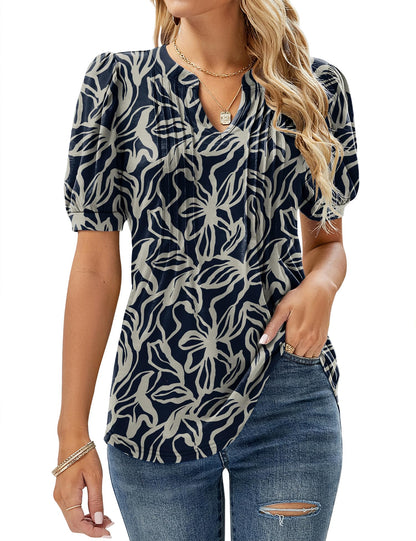 EFFAN Womens Tunic Tops Short Sleeve Summer T Shirts Ladies Blouses Dressy Floral Printed Fashion Top Floral_Navy M (UK 12-14)