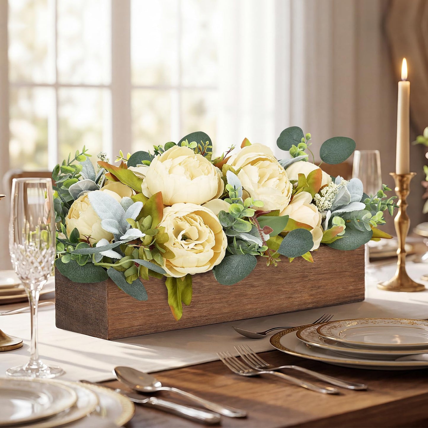 Scawim Flower Table Centerpieces for Dining Room, Summer Artificial Peony Table Centerpieces Wood Tray with Fake Flowers for Wedding Living Room Party Bar Kitchen Table(Champagne)