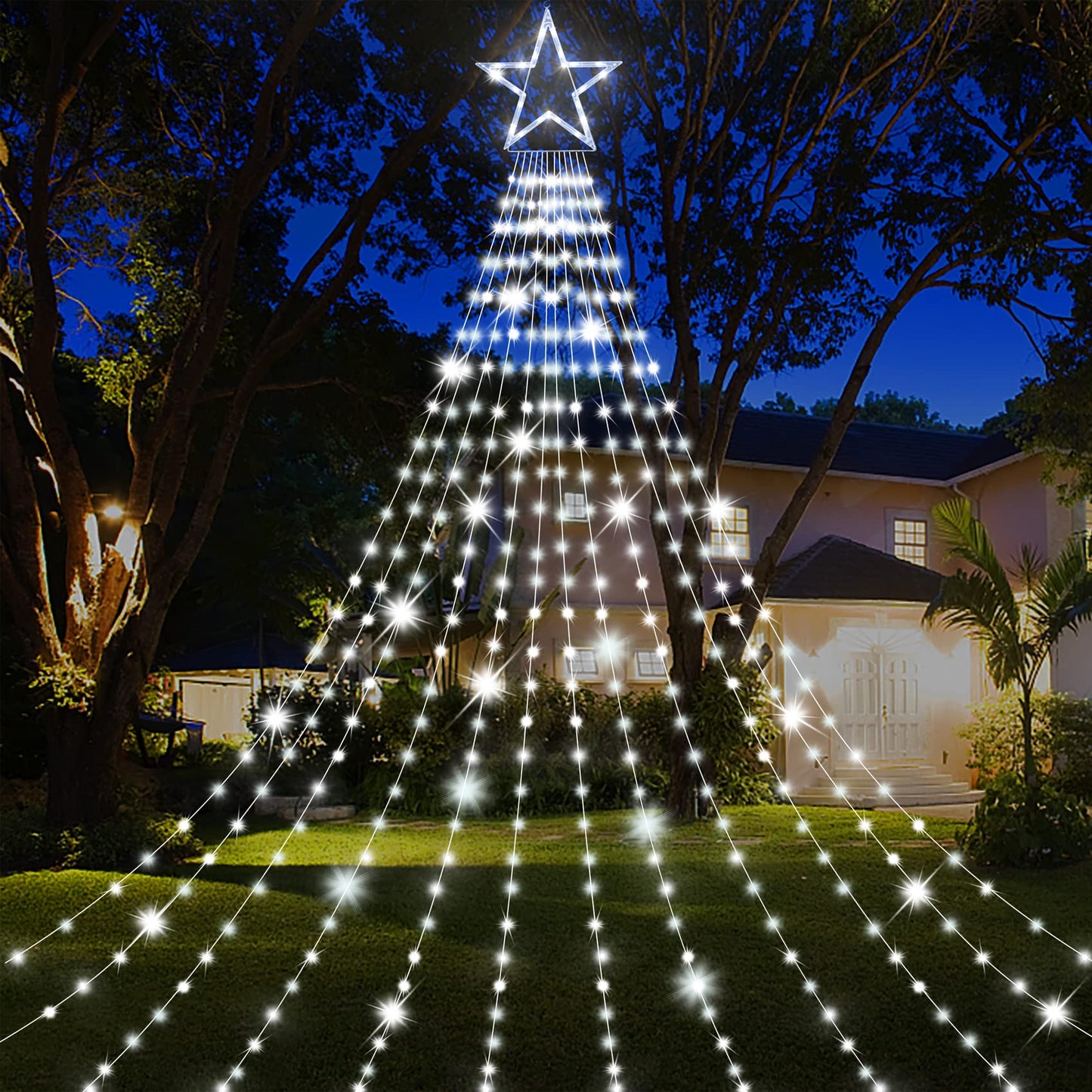 Onory Christmas Outdoor Star String Lights 23FT 860 LED Waterproof Waterfall Tree Lights with Star Topper, 8 Modes Christmas Decorations Outdoor Tree Lights for Patio, Yard, Party Holiday Dec